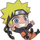 Naruto Uzumaki in chibi style with a wide, happy grin and arms outstretched.