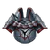 A gray armored helmet with a dark visor and red accents in a pixel art style.