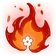 A white flower centered inside a stylized orange and red flame icon.
