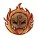 A brown creature with a mischievous expression and tongue out surrounded by orange flames.