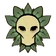 Skull with hollow eyes surrounded by a ring of dark green leaves.
