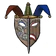Jester mask with a blue happy side and a red sad side.