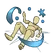 Wooden mannequin figure in a dynamic acrobatic pose surrounded by blue magical effects.