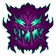 A purple pixelated monster face with a wide, jagged grin and glowing cyan eyes and teeth.