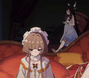 A tired anime girl resting her head on a large red pillow with a bored expression.