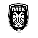 PAOK FC crest featuring a double-headed eagle in a black and white shield design.