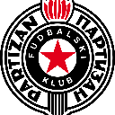 The circular crest of FK Partizan Belgrade featuring a red star on a black and white background.