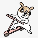 A cartoon dog with a suspicious expression riding a pink scooter away.