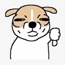 A cartoon dog with a skeptical expression giving a thumbs down gesture.