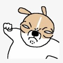 A cartoon dog with a grumpy expression holding up a fist as if ready to punch.