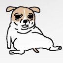 A cartoon dog with a brown patch on its head lounging on the floor with a bored, blank expression.