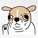 A cartoon dog with a skeptical expression and wide eyes, holding up one paw in a small wave.