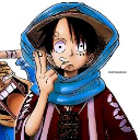Monkey D. Luffy with wide eyes and a confused expression making a peace sign while wearing a blue scarf.