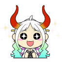 Anime girl with white hair and red horns has star-shaped eyes and a wide, happy smile while glowing with excitement.
