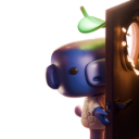 A small blue 3D creature with a leaf on its head peeking around a dark corner.