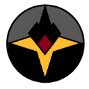 Geometric emblem featuring a black pointed shape over a gold star and gray arc with a red diamond center.