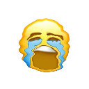 Yellow face emoji with a distorted, deep-fried appearance crying large blue tears.
