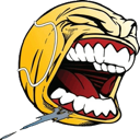 A distorted yellow face screaming with its mouth wide open, showing teeth and a red tongue.