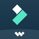 Wondershare Filmora logo featuring a stylized teal rectangle and white W-shaped icon on a dark blue background.
