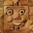 Thomas the Tank Engine face with wide eyes centered on a gold Bitcoin coin.