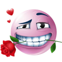 A 3D pink smiley face with a smug expression holding a red rose in its teeth with small hearts floating nearby.
