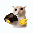 A white cat with human hands holding an open empty wallet and gesturing with an open palm.