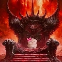 A tiny white kitten with a pink bow sitting on a large, dark, demonic throne surrounded by red fire.