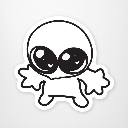 A small, white, line-art creature with large, glossy black eyes reaching out its arms for a hug.