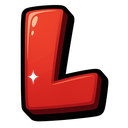 A glossy, 3D red letter L with a dark outline.