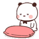 A small panda character rubs its eyes and then falls asleep on a pink pillow.