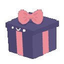 A purple gift box with a pink bow and a happy face, swaying back and forth in a pixel art animation.