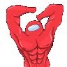 A muscular red Among Us crewmate flexing its large biceps and chest muscles.