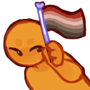 Orange character with a mischievous expression waving a brown and orange flag.