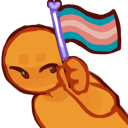 An orange character with a smug expression holding up a trans pride flag.