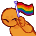 An orange character with a smug expression holds up a rainbow flag.