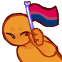 A smug orange stick figure waving a bisexual pride flag.