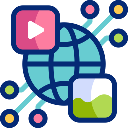 A blue globe icon connected to a pink video play button and a landscape image icon with colorful nodes.