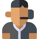 A person wearing a headset in a flat icon style.
