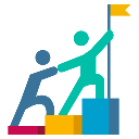 Two figures climbing stairs together with one figure pulling the other toward a flag.