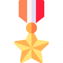 A gold star medal hanging from a red, white, and orange ribbon.