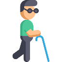 A person wearing glasses walks forward while holding a blue cane.