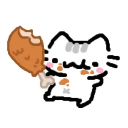 A cute white cat with brown spots holding a large chicken leg and eating enthusiastically with sauce on its face.