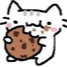 A white cartoon cat happily eating a large chocolate chip cookie.