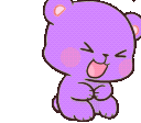 A small purple bear with pink cheeks laughing hysterically while rolling on the floor.