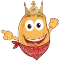 A cartoon potato wearing a golden crown and a red bandana, smiling and waving.