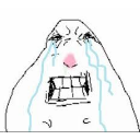 A crudely drawn face with bared teeth and blue tears streaming down its cheeks.