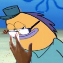 A cartoon fish character with glasses and a hat looking sideways with a human hand held up in a gesture of skepticism.