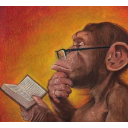 A chimpanzee wearing glasses holds a book and rests its chin on its hand in a thoughtful pose.