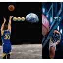 Stephen Curry in a Golden State Warriors jersey shooting a basketball from the moon towards Earth with a question mark graph…