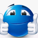 Blue smiley face character giving a double thumbs-up gesture with white gloved hands.